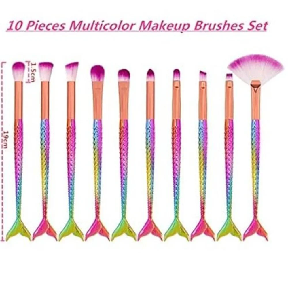 Mermaid Tail Makeup Brush Set 10 Pcs Eye Brushes Eyeshadow Concealer Brow Blend